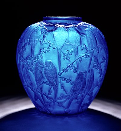 Electric Blue Vase with Parakeets by Rene Jules Lalique